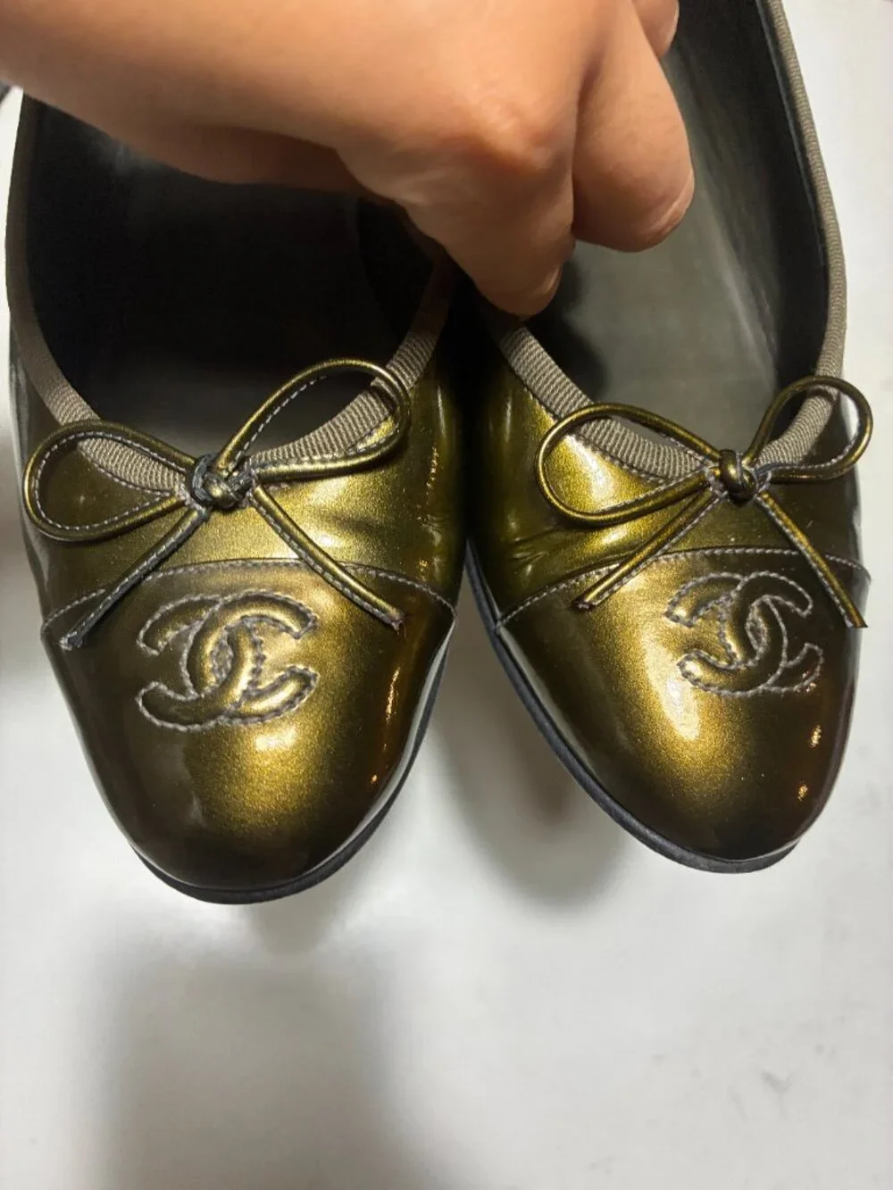Chanel Olive Green Patent Ballet Flats 37